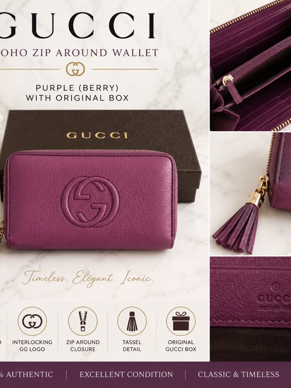 Gucci Soho Leather Zip Around Wallet Purple | Tassel | With Original Box